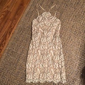 Beige slip dress/white & black floral lace over
